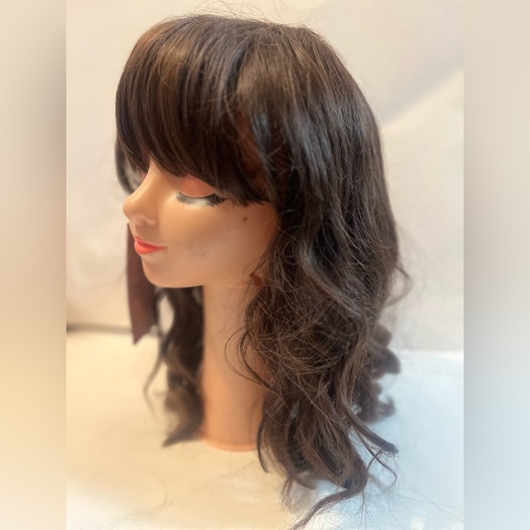 New Curly Wig with Band Color Brown Highlights Full Cap synthetic Blend Wig - Picture 3 of 7